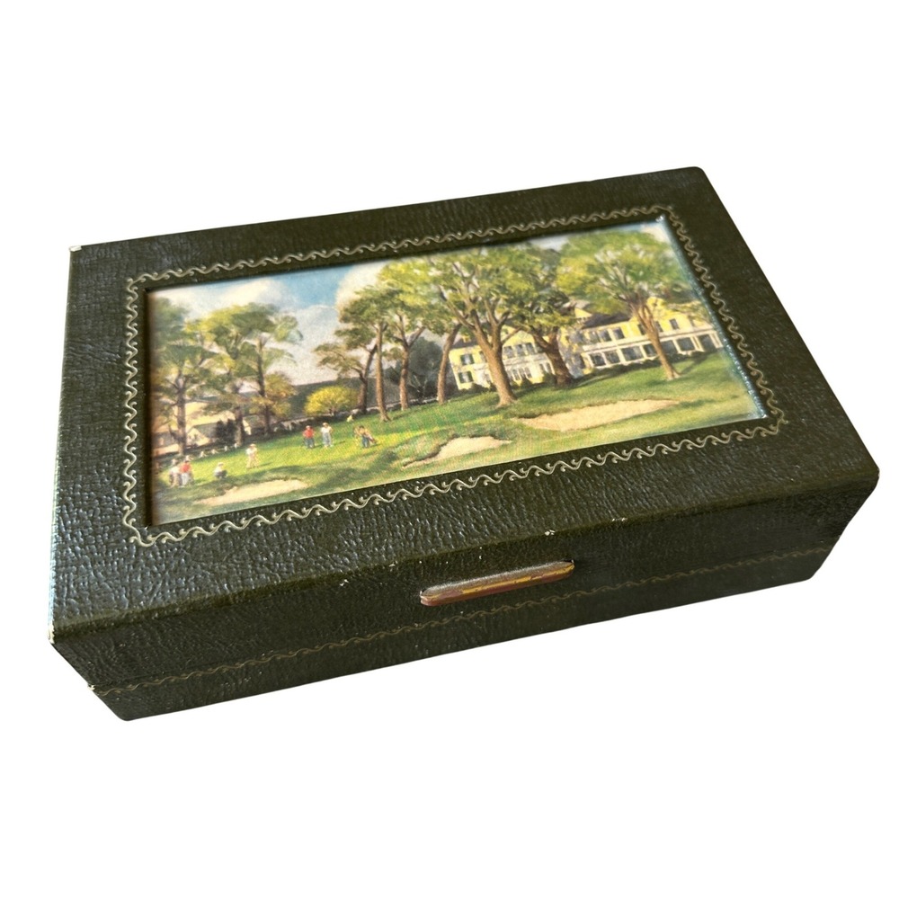 Vintage MacGregor Golf Ball Trinket Box Green Faux Leather Country Club Scene